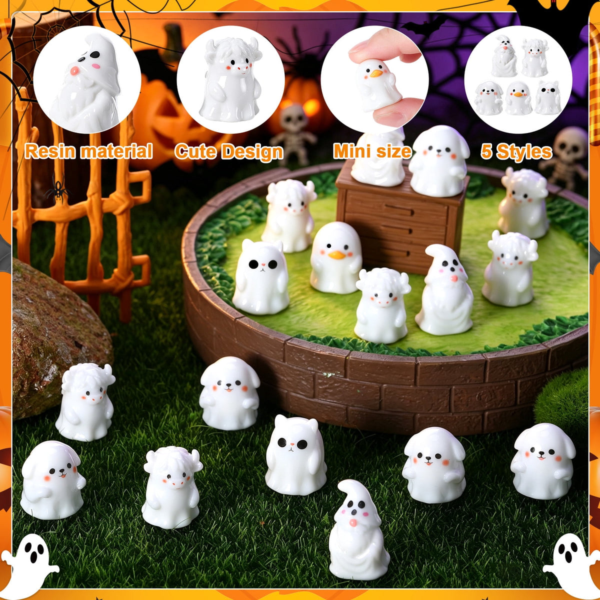 sixwipe 50 Pcs Mini Resin Ghosts, Small Ghost Figurines, Halloween Decorations for Spooky Tiered Tray Decor, Vase Filler, Home Tabletop Shelf Centerpieces, Party Favors Gift