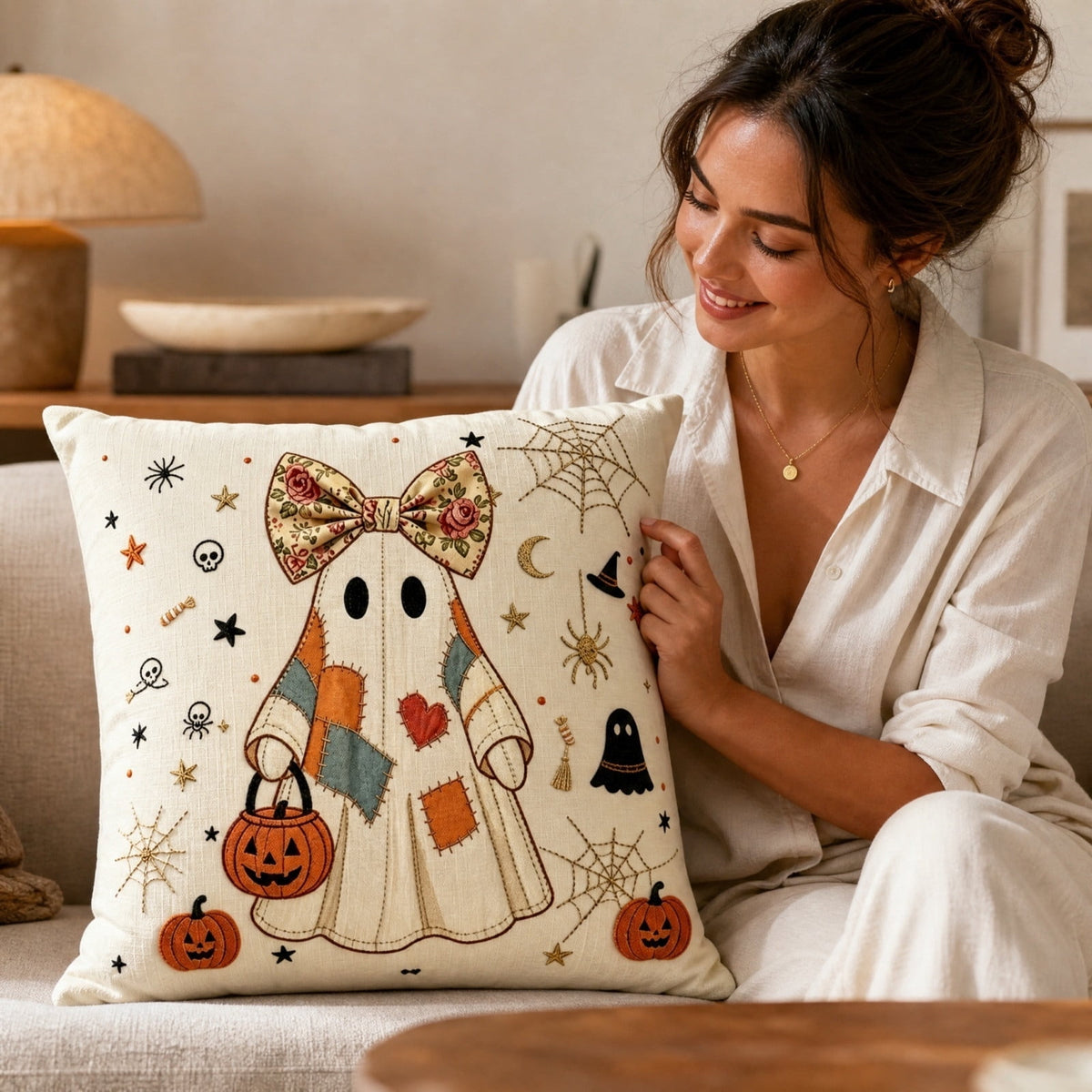 Cute Reading Ghost Plush Throw Pillow, Halloween Book & Pumpkin Bucket Ghost Stuffed Cushion, Spooky Season Decorative Pillow, for Sofa, Bedroom, Party Decor