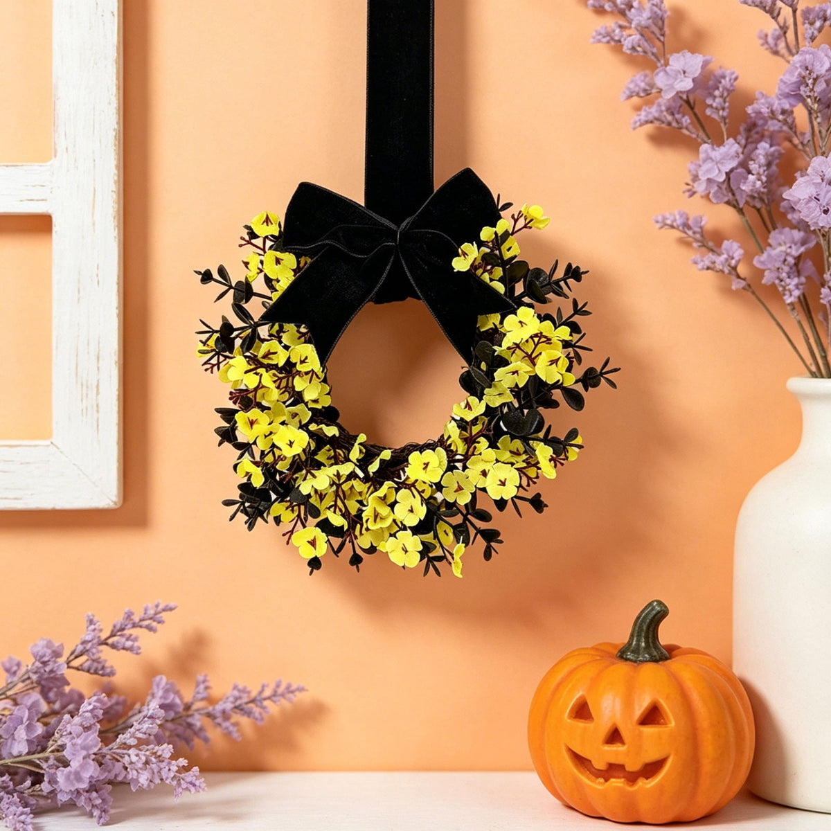 FXMLRLK 1 Pack Halloween Cabinet Wreaths with Ribbon Bows Artificial Flowers Kitchen Wreath for Window Front Door Farmhouse Wall Halloween Decorations, Blue