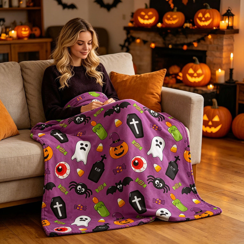 Halloween blanket,Halloween Print Throw Blanket Flannel Soft Cozy Decorative Nap Blanket with Ghost Pumpkin Skull for Office Bedroom Sofa Camping Travel(100x150cm/39x59 Inch),Black