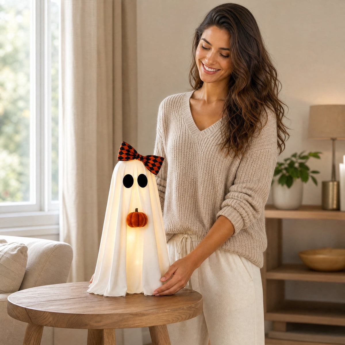 Lighted Halloween Ghost Candy Bowl, Cute LED Ghost Holding Pumpkin Candy Bucket for Trick or Treat, Outdoor Halloween Decorations for Front Porch, Indoor Yard Patio Halloween Decor
