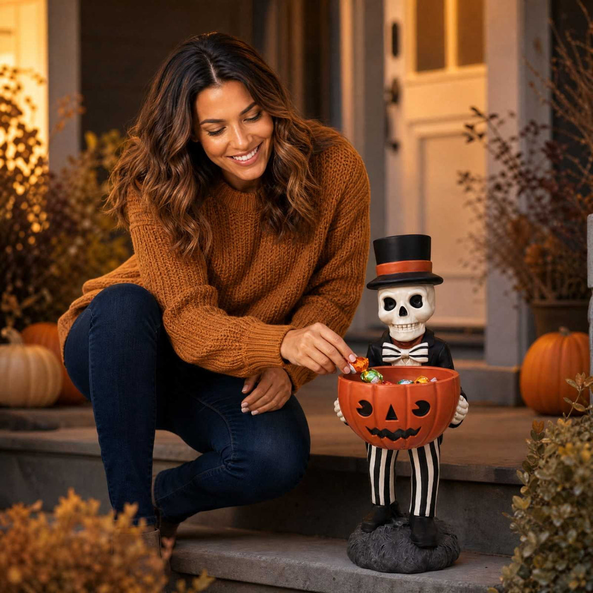 Lighted Halloween Ghost Candy Bowl, Cute LED Ghost Holding Pumpkin Candy Bucket for Trick or Treat, Outdoor Halloween Decorations for Front Porch, Indoor Yard Patio Halloween Decor