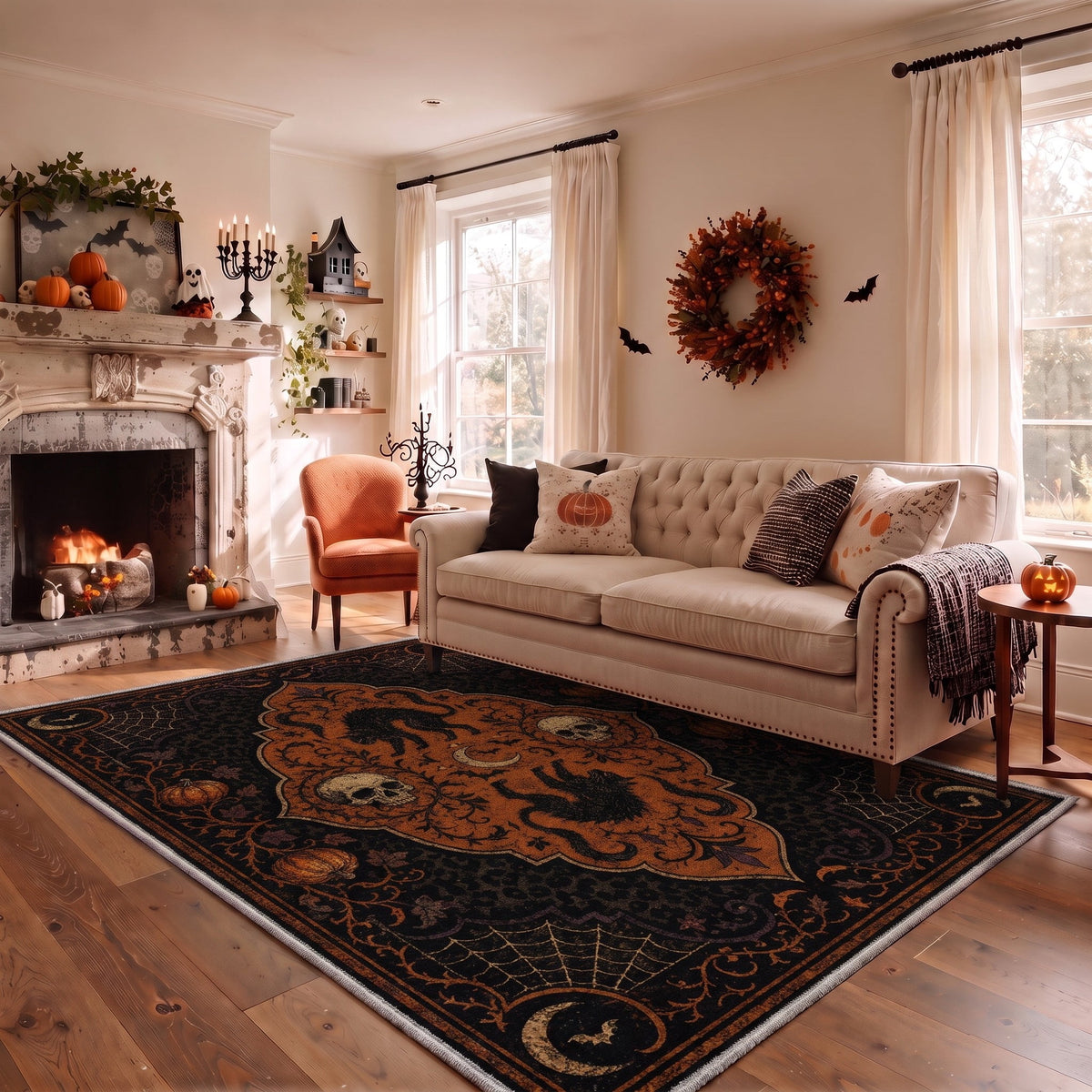KUETH 3'x5' Halloween Machine Washable Area Rug, Non-Slip Rugs for Living Room, Bedroom and Dining Room, Orange