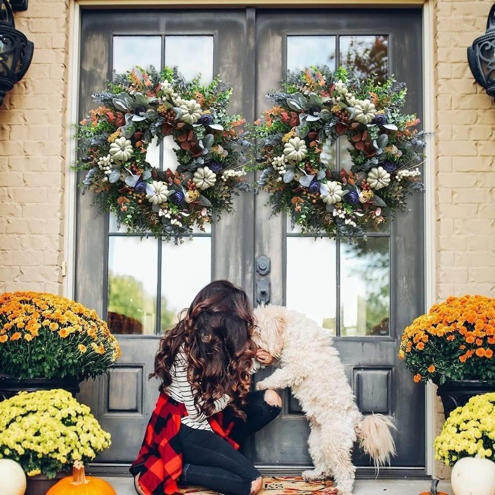 KOMI 2024 Fall Peony and Pumpkin Wreath for Front Door - Year Round Durable Farmhouse Wreath with Maple Leaves, Berries, Pinecones, and Pumpkins for Thanksgiving, Halloween, and Seasonal Home Decor