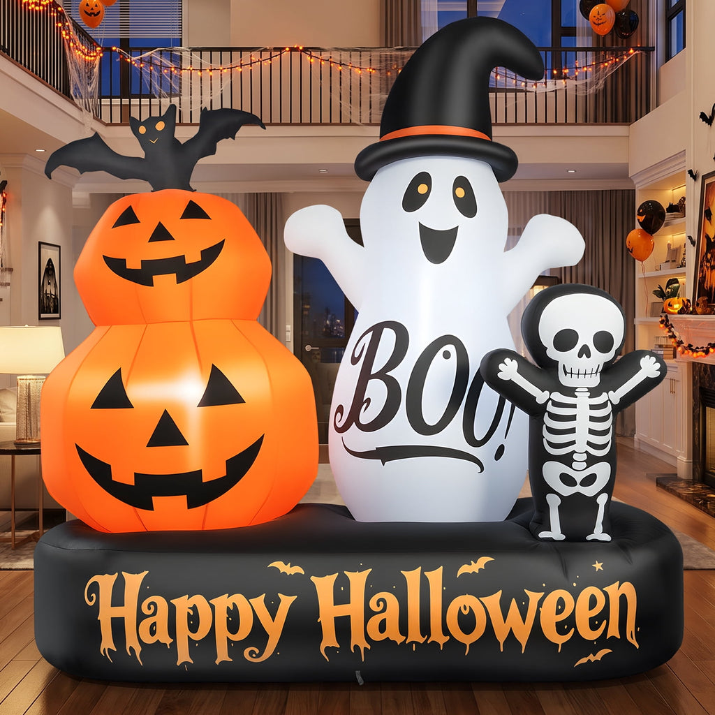 6ft Halloween Inflatable Outdoor Decorations, Lighted Pumpkin Ghost Skeleton with Bat, Built-in LED Lights, Blow Up Halloween Yard Decoration for Lawn, Porch & Party