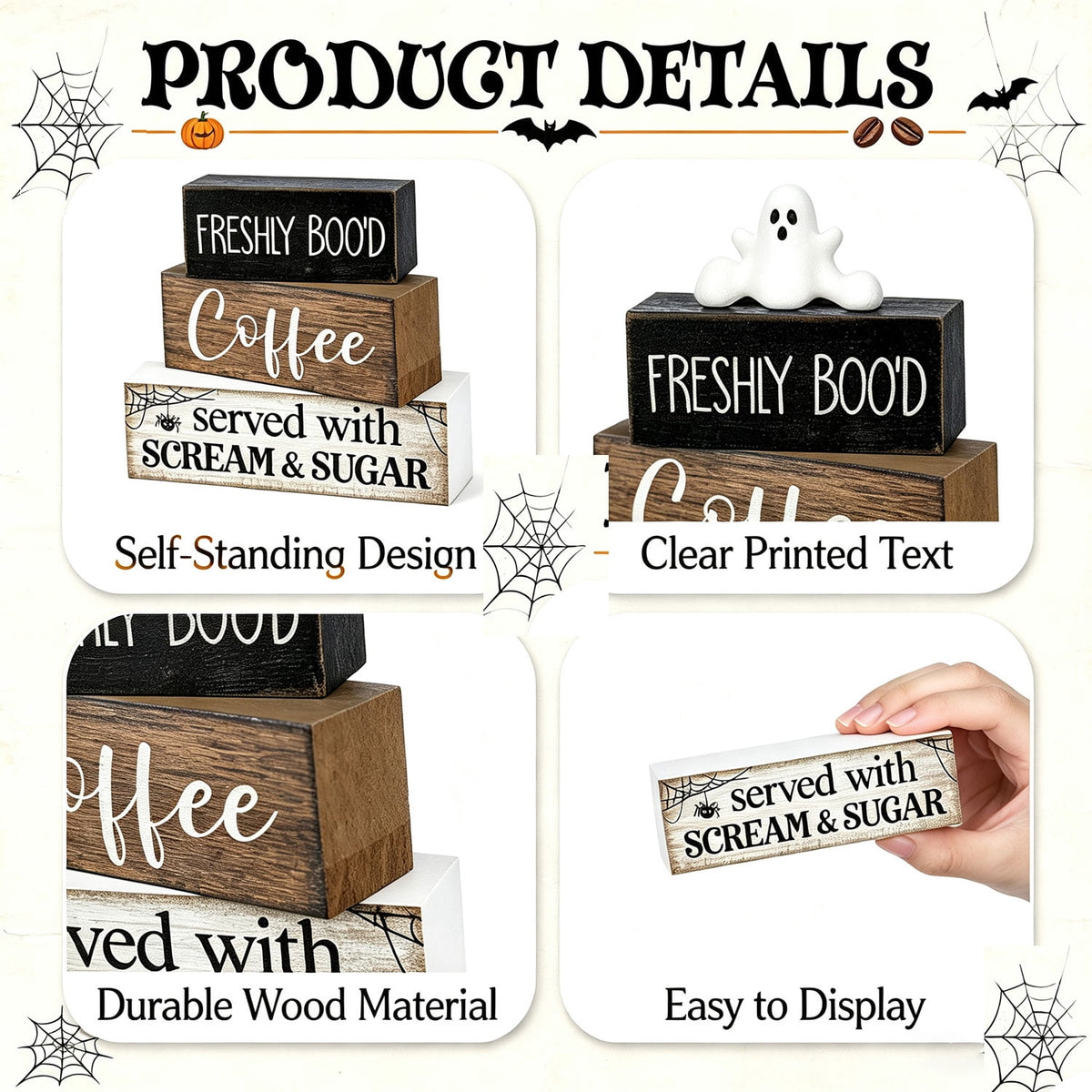 4 Pcs Halloween Decorations Table Decor Coffee Ghost Wooden Sign Halloween Tiered Tray Decor Farmhouse Ghost Tabletop Centerpiece Decorative Coffee Bar Block Signs for Home Office Kitchen Shelf
