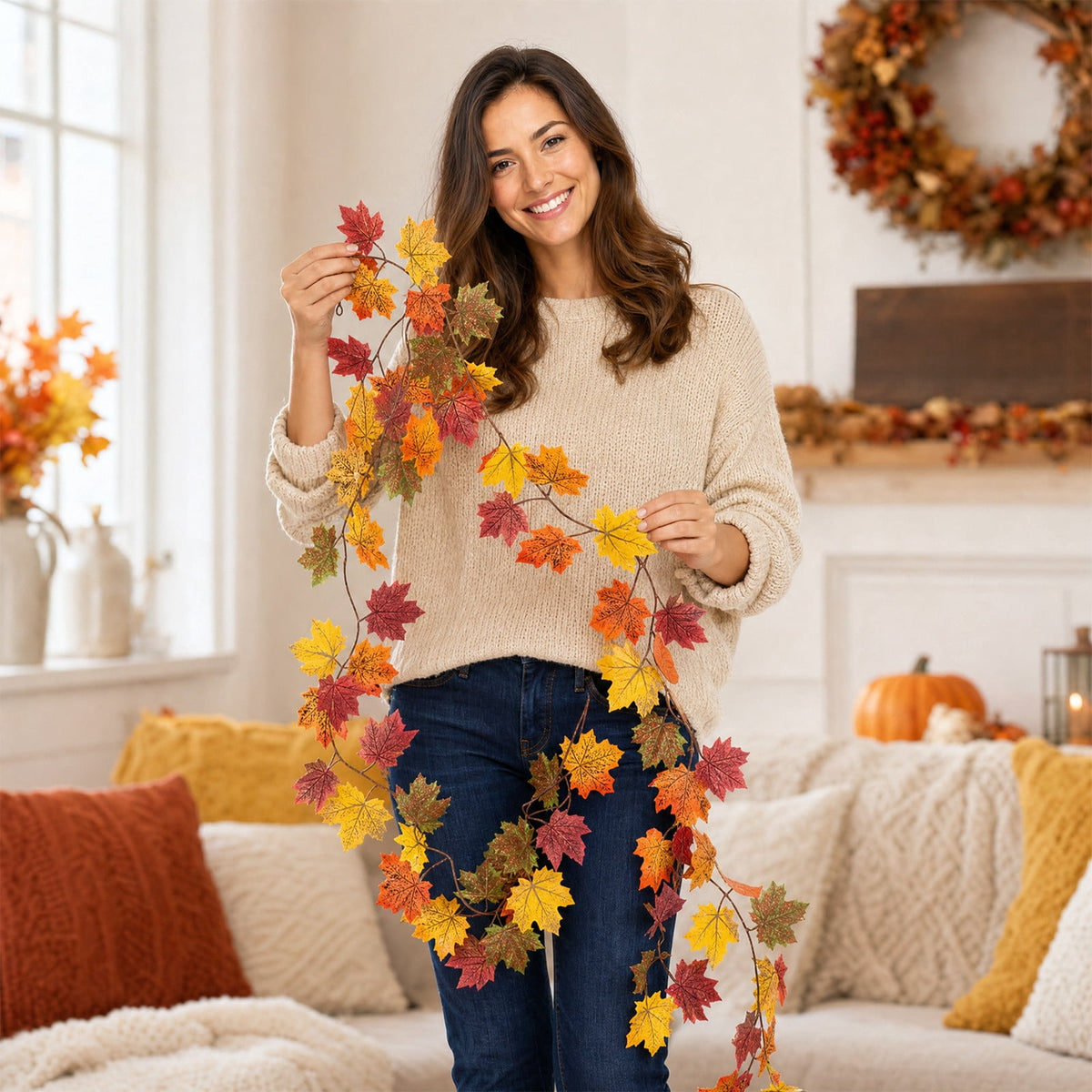 WKSCLPAI Halloween Maple Leaf Garland, Fall Vine Wreaths for Autumn Festivities Decor,Seasonal Garlands for Home,Halloween & Fall Decorations