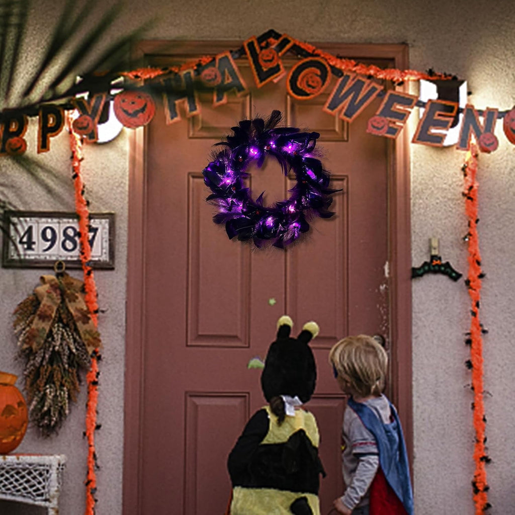 Halloween Wreaths with Light, 16in Black Feather Wreath, Wreaths for Front Door, Halloween Decorations Props for Door, Porch, Window,Indoor and Outdoor