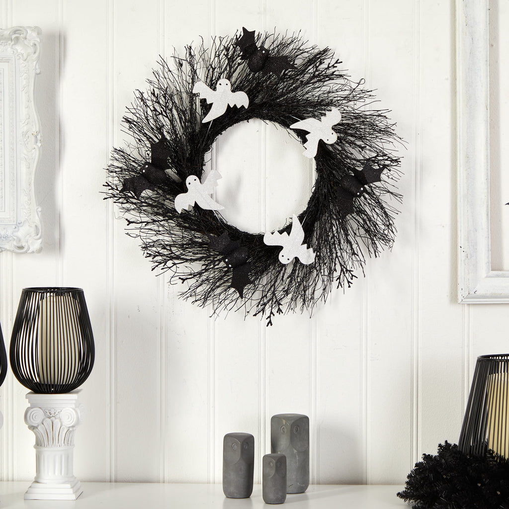 Nearly Natural 22in. Halloween Ghost and Bats Twig Wreath