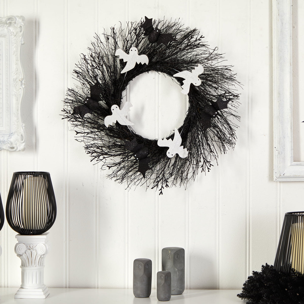 Nearly Natural 22in. Halloween Ghost and Bats Twig Wreath