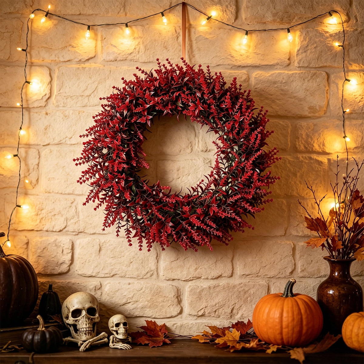 Vibrant Red Wheat Wreath for Front Door - Stunning Autumn Decor for Halloween and Thanksgiving - Perfect for Seasonal Home Decoration, Parties, and Gifts for Fall Enthusiasts