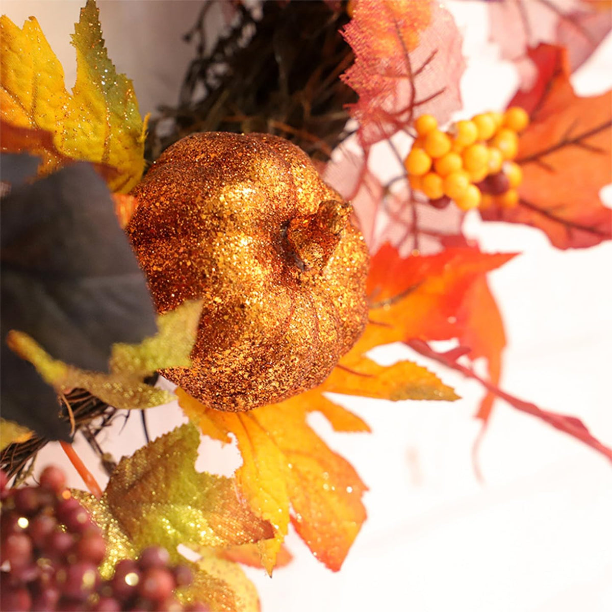 Autumn Wreaths for Front Door,18inch Artificial Fall Wreaths with Lights Pumpkin Pine Cones Berry Maple Leaves,Thanksgiving Halloween Harvest Festival Home Decoration for Indoor,Outdoor,Window,Garden