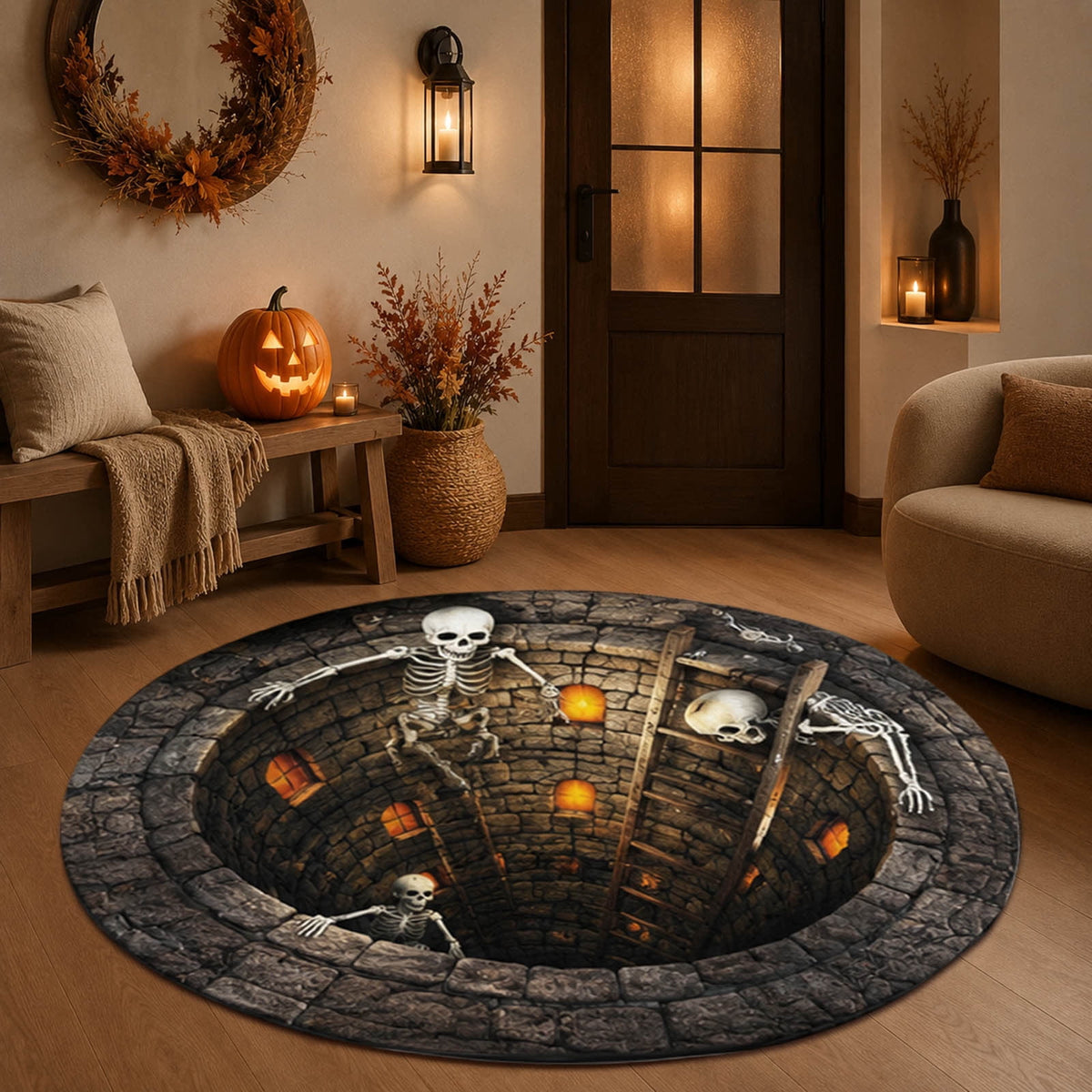 Win s Way 3D Illusion Round Halloween Rug Optical Illusion Doormat Non- Washable Entryway Decor Spooky Fall Front Door Mat for Party Decoration Available in 15.8/23.6/31.5 Inch