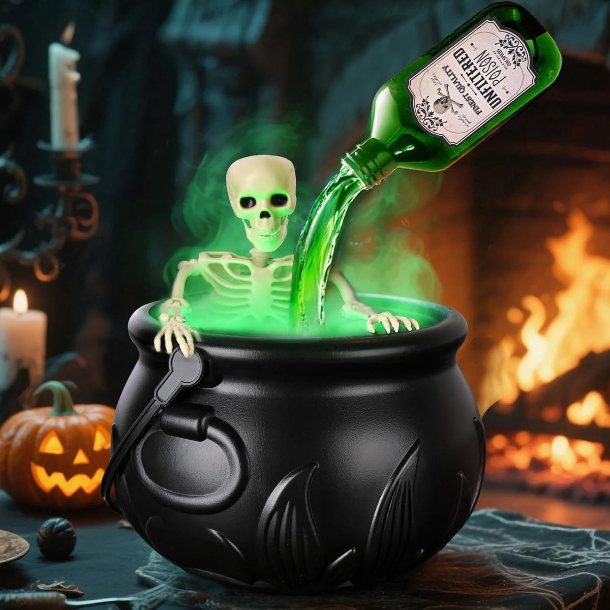 TETOU Halloween Decorations Indoor,DIY Floating Potion Set with Witches Cauldron and Mist Maker,Spooky Black Plastic Cauldron with Skeleton for Halloween Party Home Room Mantel Table Indoor Decor