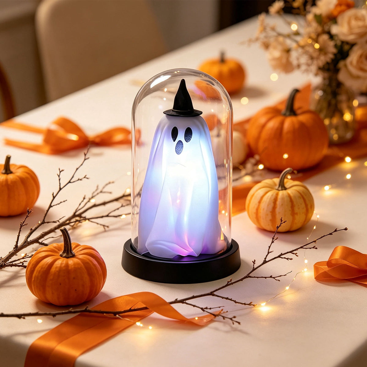Orangide Halloween Ghost Cloche Night Light Fabric Ghost Lamp with Glass Dome for Mantel Shelf Spooky Party and Home Decor Ornament