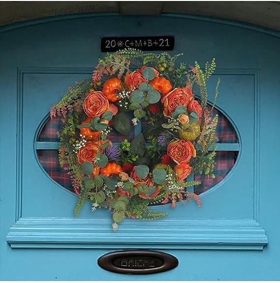 KOMI 2024 Fall Peony and Pumpkin Wreath for Front Door - Year Round Durable Farmhouse Wreath with Maple Leaves, Berries, Pinecones, and Pumpkins for Thanksgiving, Halloween, and Seasonal Home Decor