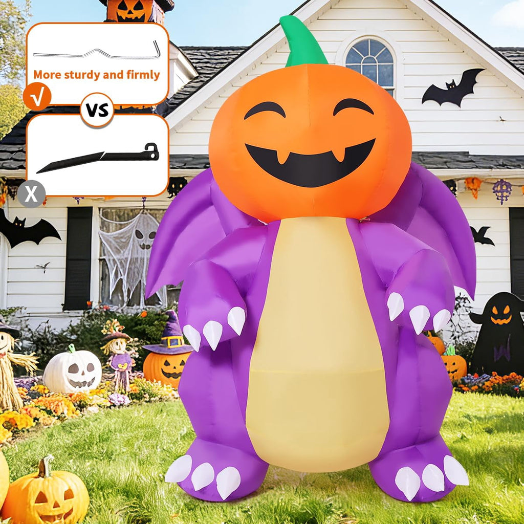 COMIN 5.9FT Tall Halloween Inflatables Pumpkin-Headed Purple Dinosaur with Built-in LEDs for Indoor Party Garden Lawn Decor