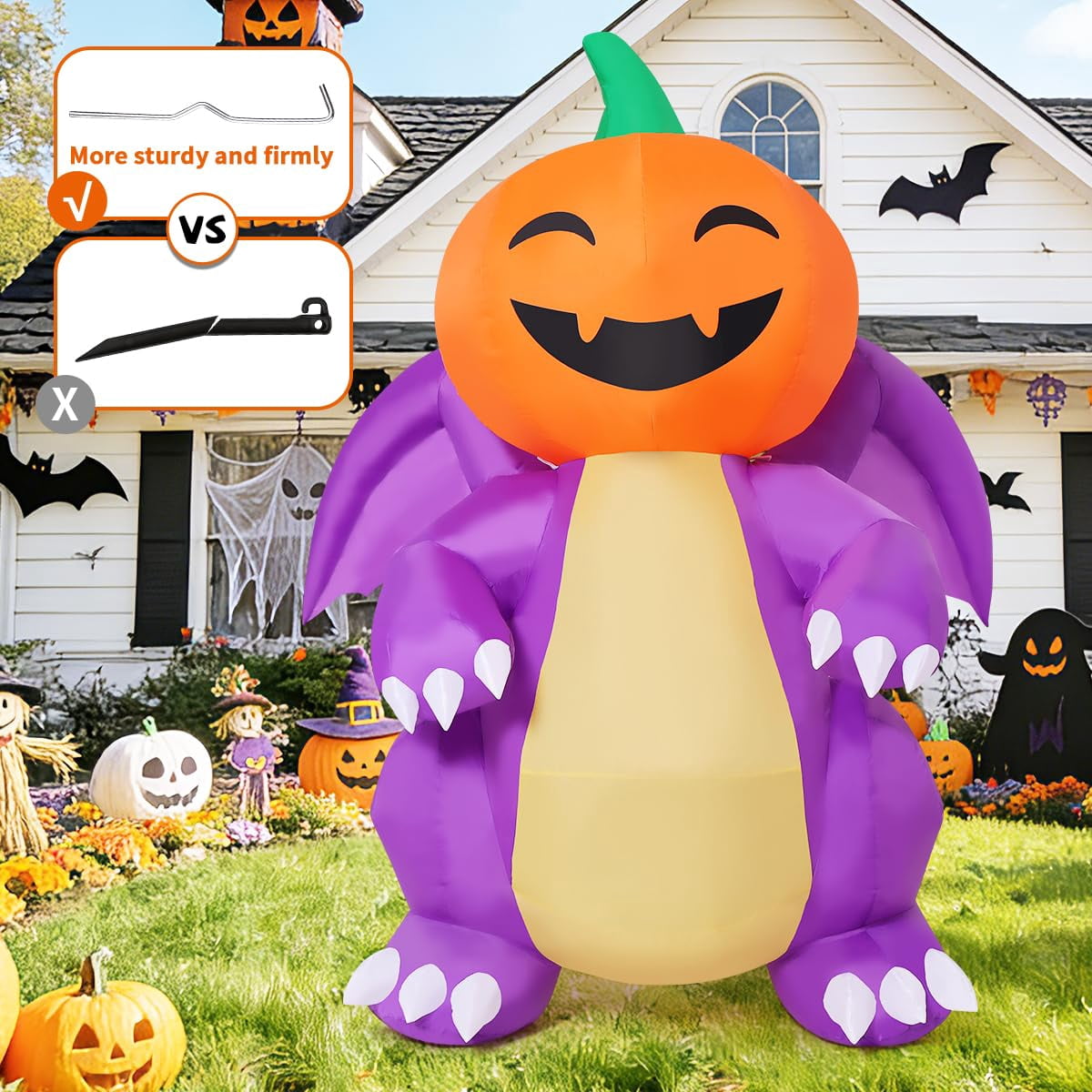 COMIN 5.9FT Tall Halloween Inflatables Pumpkin-Headed Purple Dinosaur with Built-in LEDs for Indoor Party Garden Lawn Decor