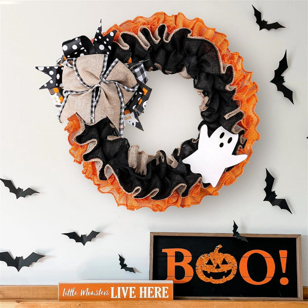 Halloween Boo Ghost Wreath, Burlap Wreath with Bows for Front Door, Farmhouse Favors Trick of Treat Propse for Window Wall Decor
