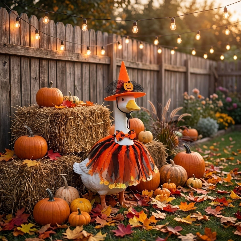 Halloween Garden Porch Decor, Porch Goose Outfits Halloween, 23 Inch Porch Goose Outfits, Witch Dress and Hat Set, Fits 23X11X26 Inch Standing Plush Goose for Front Porch Lawn