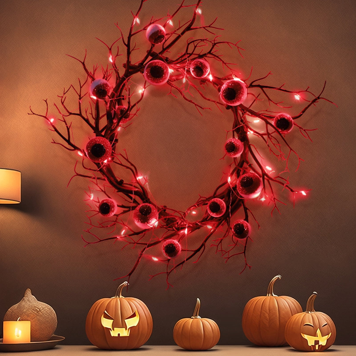 18 inch Halloween Wreaths for Front Door Simulated Eyeballs Wreath with Red Led Light, Outdoor/Indoor Spooky Decorations, For Halloween Party, Porch, Home Holiday Decor