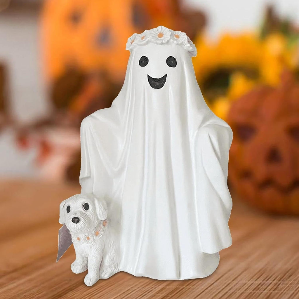 Halloween Ghost Figurine, Ghost Girl with Pink Bow & Hot Drink, Funny Ghost Statue Halloween Decor for Gift, Cute Spooky Tabletop Ornament for Home, Mantle, Desk & Party Decoration