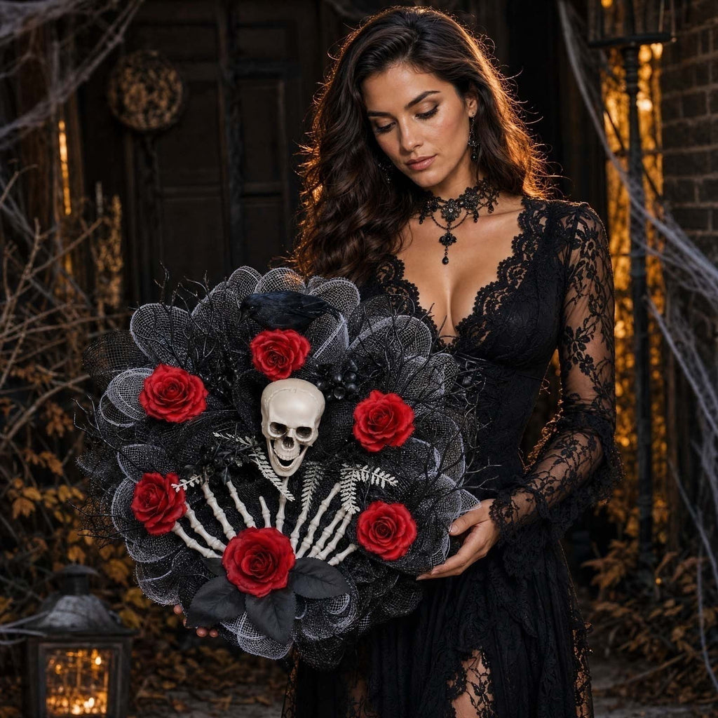 Halloween Artificial Rose Flower with Skull Head, Fake Silk Rose Bouquet, Red or Black Roses with Mini Skull
