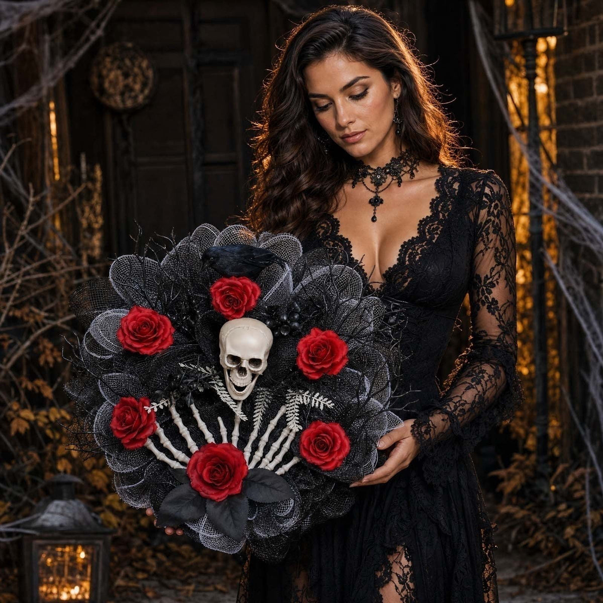 Halloween Artificial Rose Flower with Skull Head, Fake Silk Rose Bouquet, Red or Black Roses with Mini Skull
