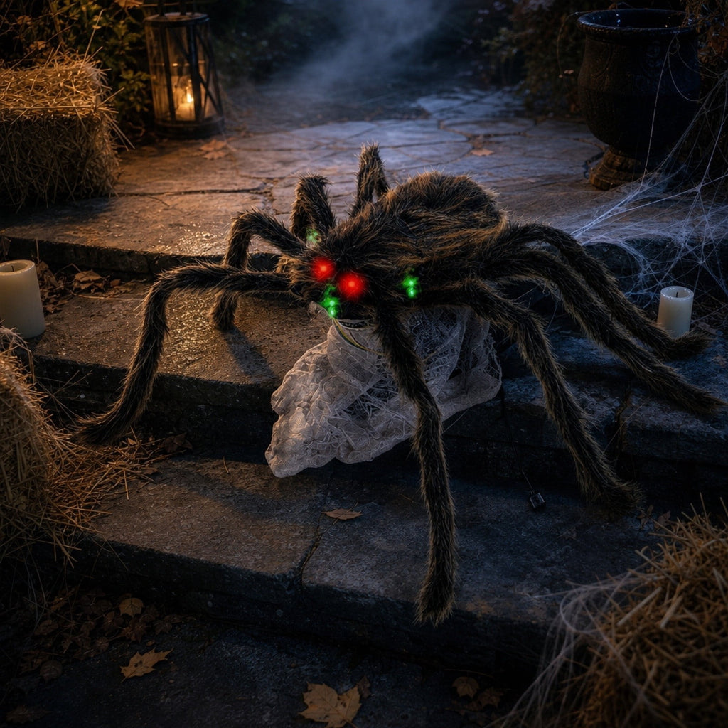 Jumping Scary Spider Halloween Prop Animated Pops Up Furry Toy with Glowing Eyes Spooky Sounds Motion-Activated Prank Decor for Porch Party Display