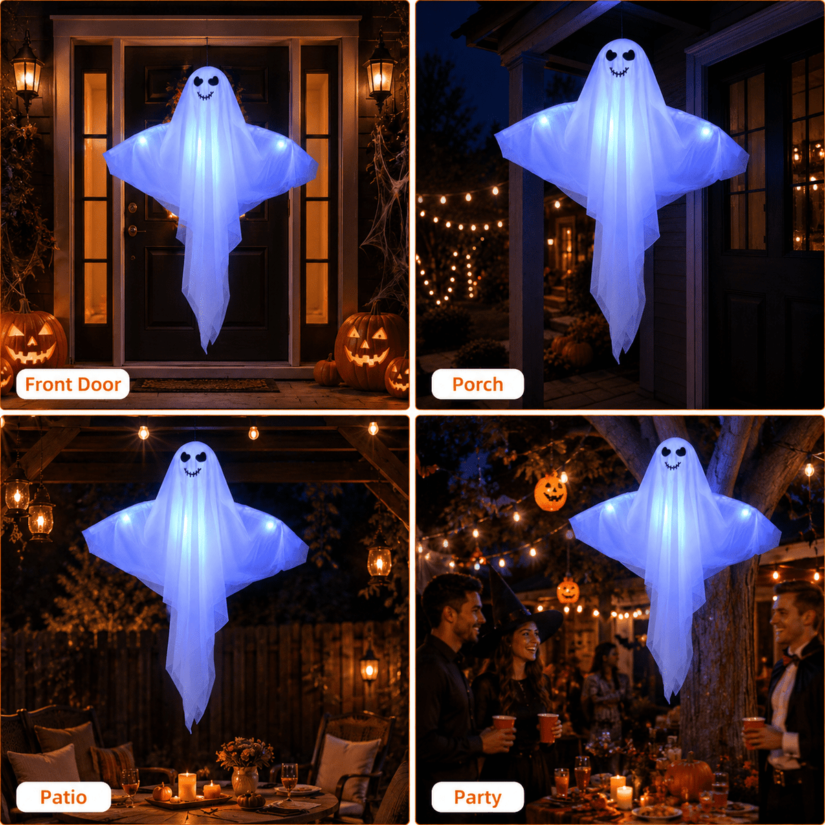 Clearance Light Up Hanging Ghost Decor, White Gauze Ghost Ornament with Blue LED Lights, Halloween Hanging Decoration for Front Door Porch Yard Tree Party Indoor Outdoor