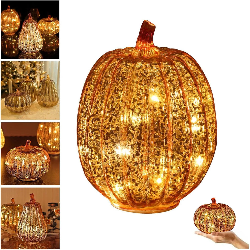 Halloween Fall Pumpkin Lamp,Sparkling Glass Pumpkin Night Lantern,6.6x5.5 inch Light Up Pumpkin Decor,A