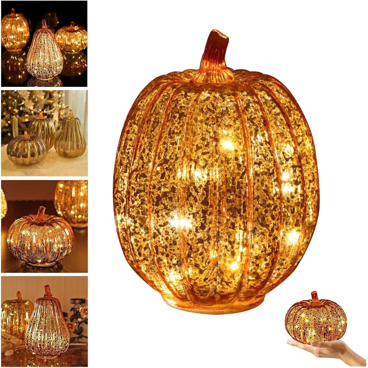 Halloween Fall Pumpkin Lamp,Sparkling Glass Pumpkin Night Lantern,6.6x5.5 inch Light Up Pumpkin Decor,A