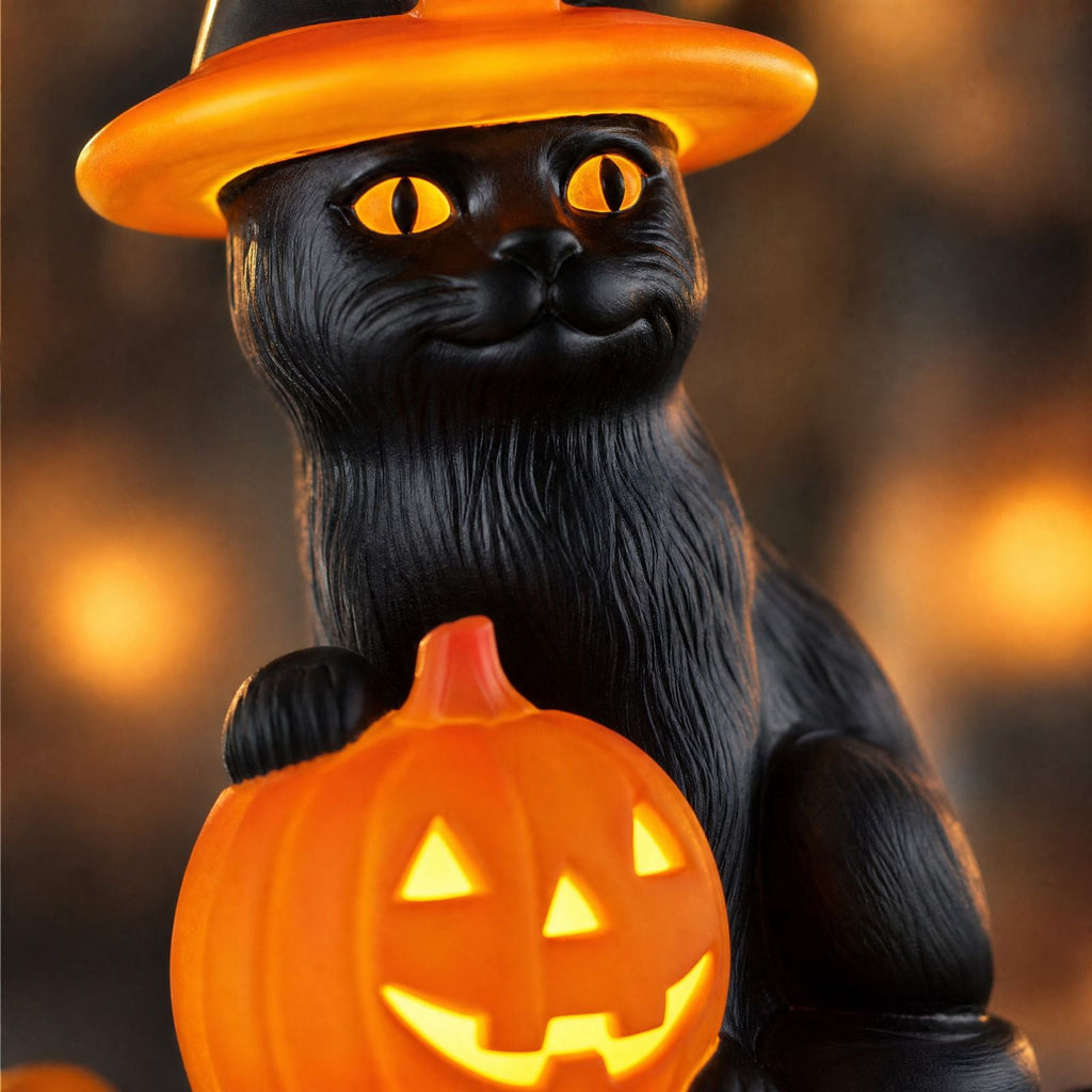 Light-Up Pumpkin Cat Blow Mold Outdoor Decoration, LED Glowing Witch Cat Jack-o-Lantern, Halloween Indoor Outdoor Spooky Decor