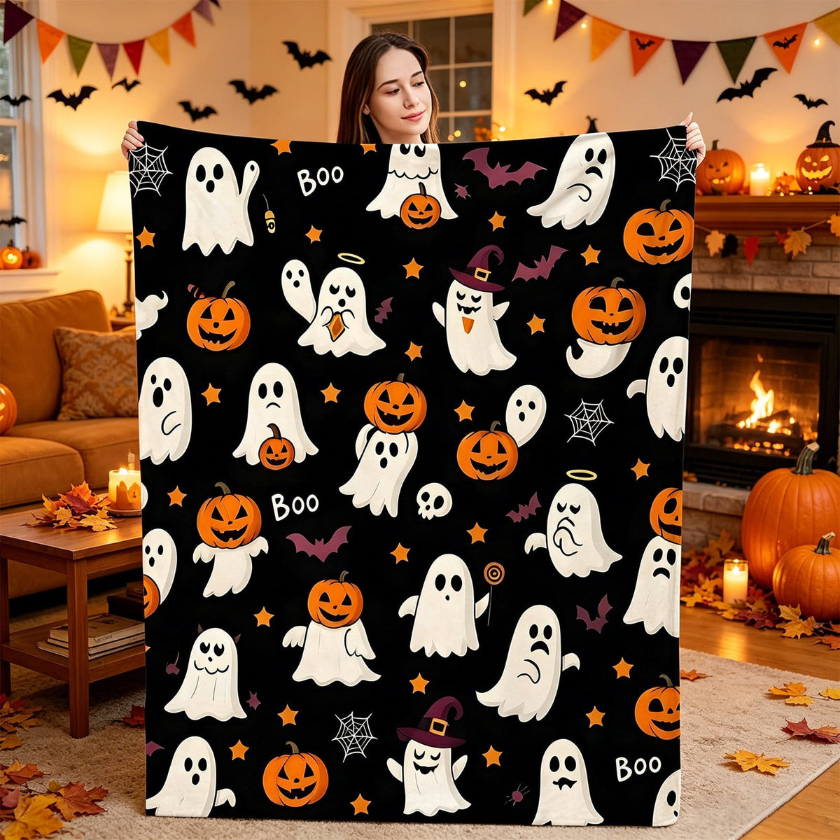 Halloween blanket,Halloween Print Throw Blanket Flannel Soft Cozy Decorative Nap Blanket with Ghost Pumpkin Skull for Office Bedroom Sofa Camping Travel(100x150cm/39x59 Inch),Black