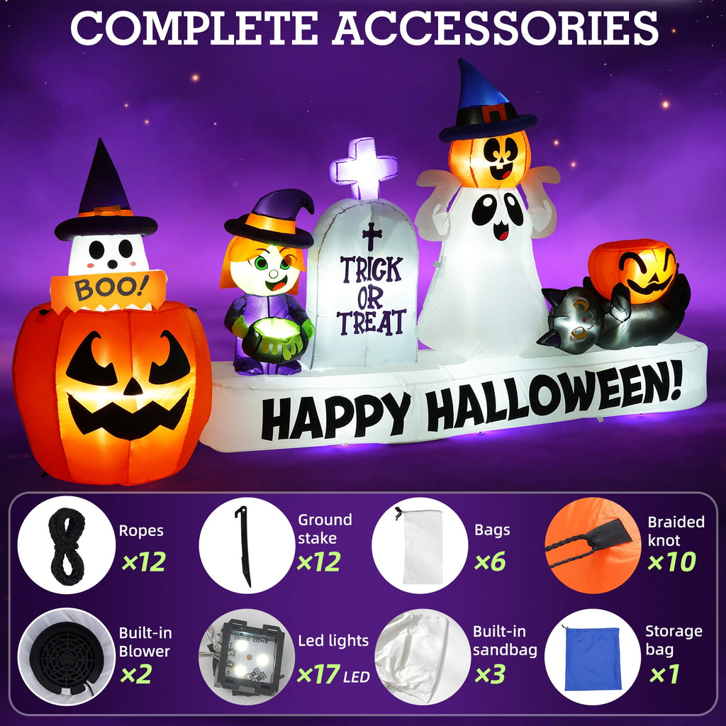 BSHAPPLUS® 9ft Halloween Inflatable Decorations,Blow up Yard Decor with Auto-Scaling Ghost in Pumpkin, Witch, Tombstone,Black Cat,Built-in LED,IP44 Waterproof for Outdoor Lawn Garden Party