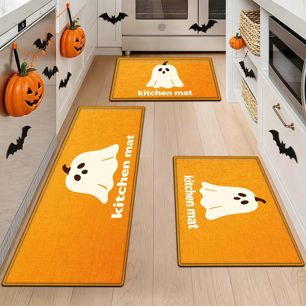 YIMEIS Halloween Orange Ghost Pumpkin Black Cat 1Pc Flannel Mat & Kitchen Rugs,Soft Non-slip,16''×24'' Inches,for Entryway Bathroom