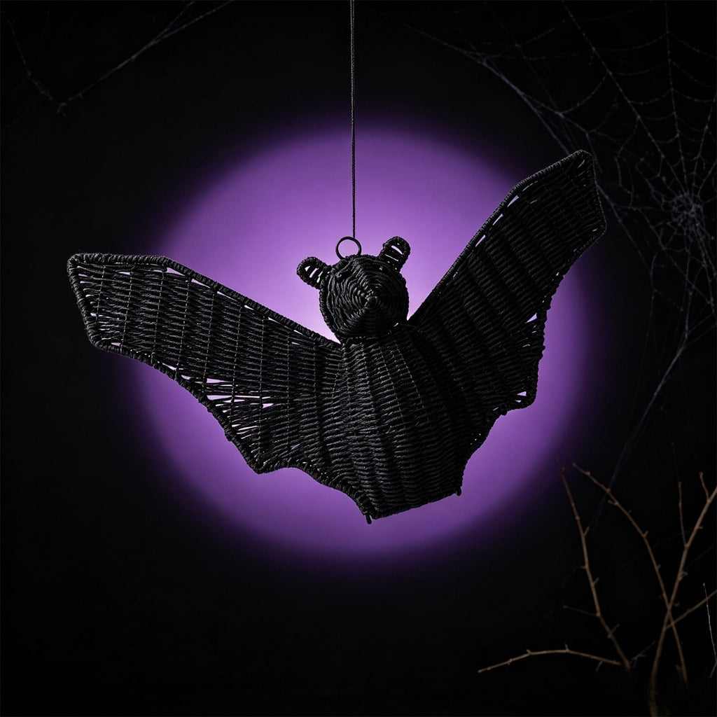 Black Rattan Wall Decoration, Halloween Wicker Bat Art, Indoor and Outdoor Festive Decor, Durable Plastic Material