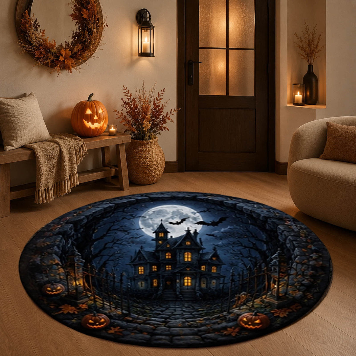 Win s Way 3D Illusion Round Halloween Rug Optical Illusion Doormat Non- Washable Entryway Decor Spooky Fall Front Door Mat for Party Decoration Available in 15.8/23.6/31.5 Inch