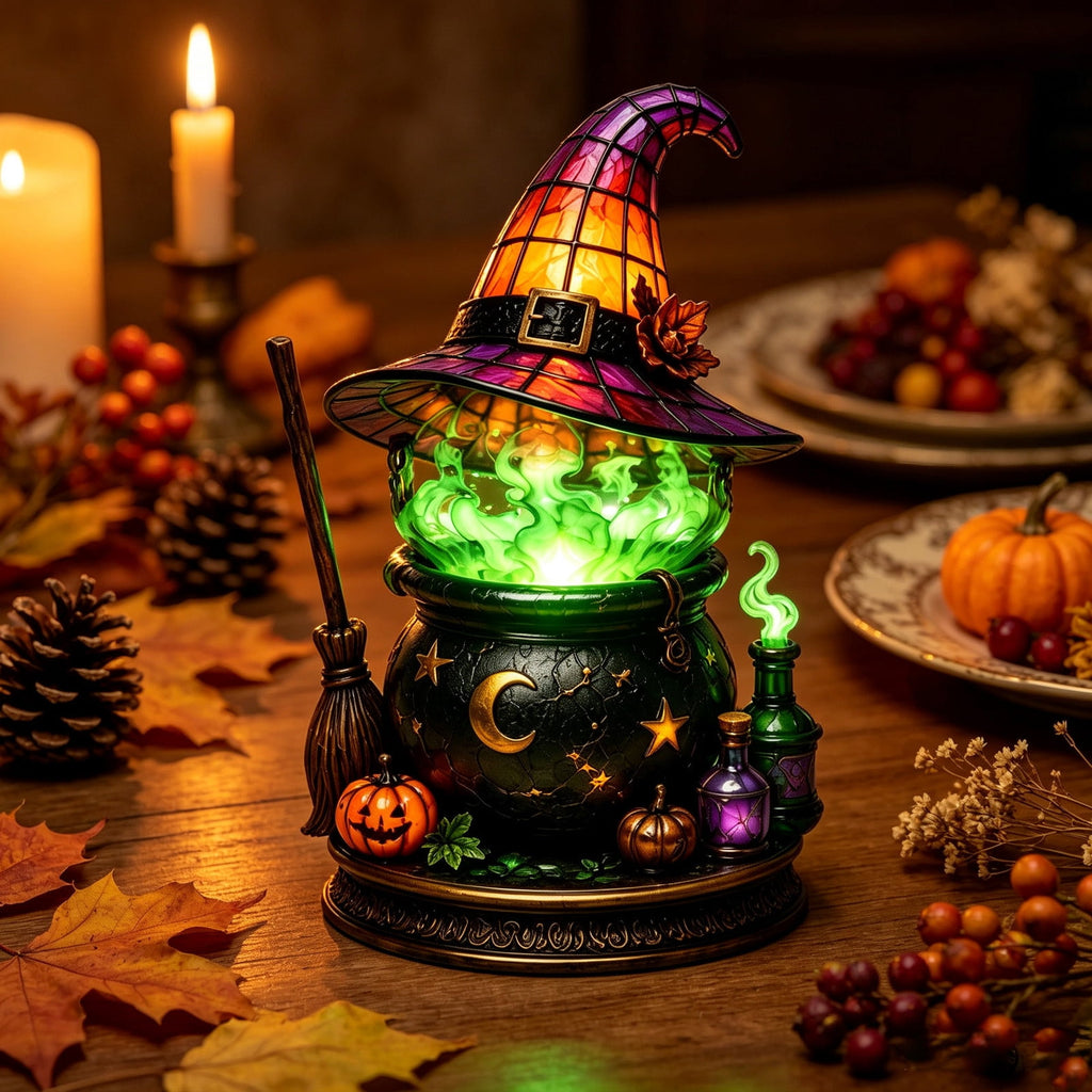 Halloween Lighted Witch Cauldron Decor Lamp, Stained Glass Witch Hat Magic Pot Night Light with Pumpkin & Potion Bottle Details, Spooky Vintage Tabletop Ornament for Mantel Living Room Party