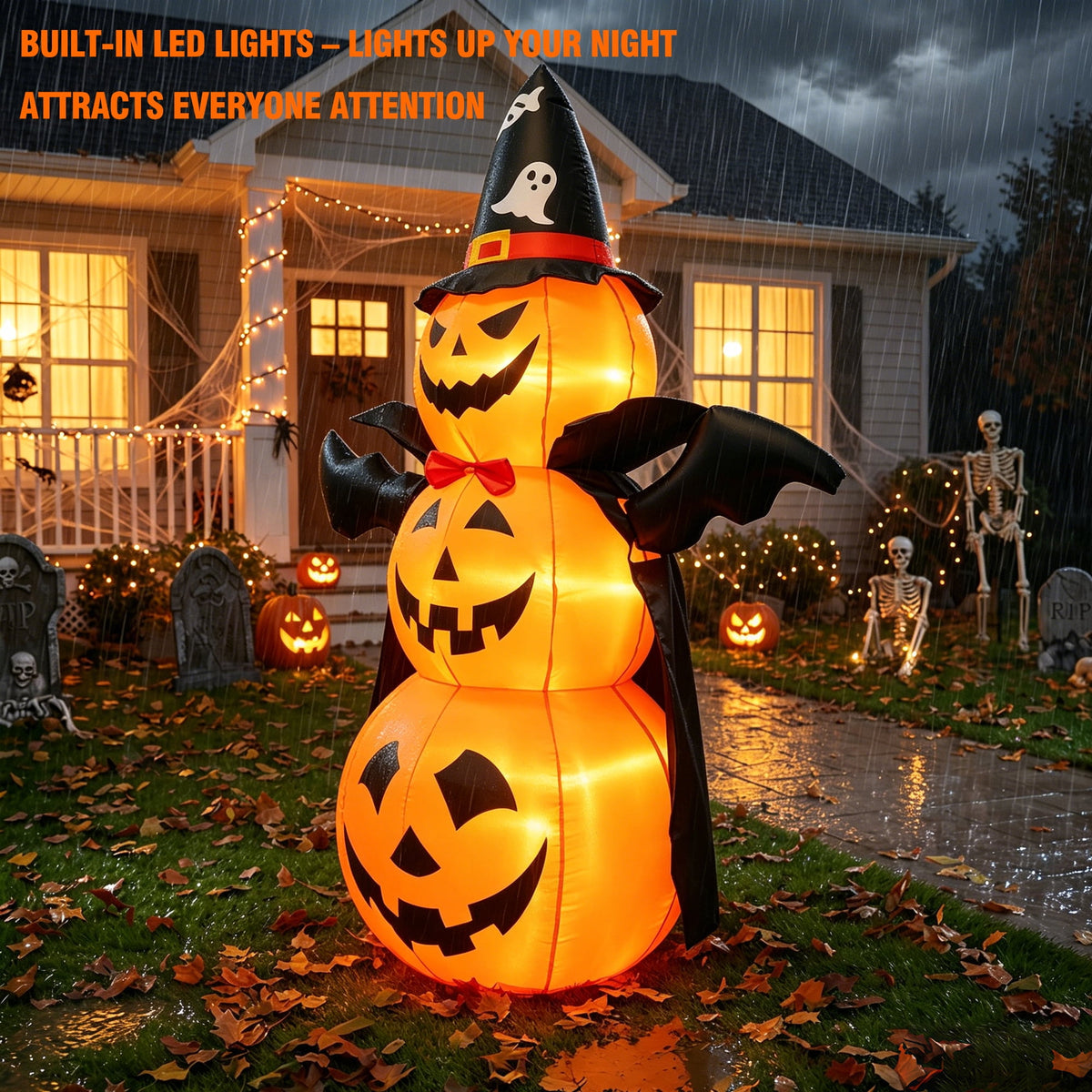 MAGOTAN 8 ft Halloween Inflatable Pumpkin Halloween Inflatable Pumpkins Ghost Tombstone Outdoor Yard Decoration Build-in 7 LED White Lights