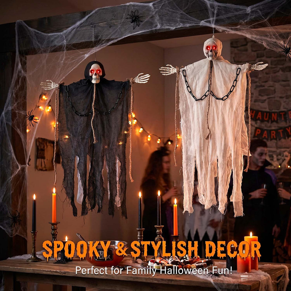 Ayieyill 2Pcs Hanging Ghost Skeleton Decorations, Spooky Halloween Decor for Outdoor Yard Haunted House Party