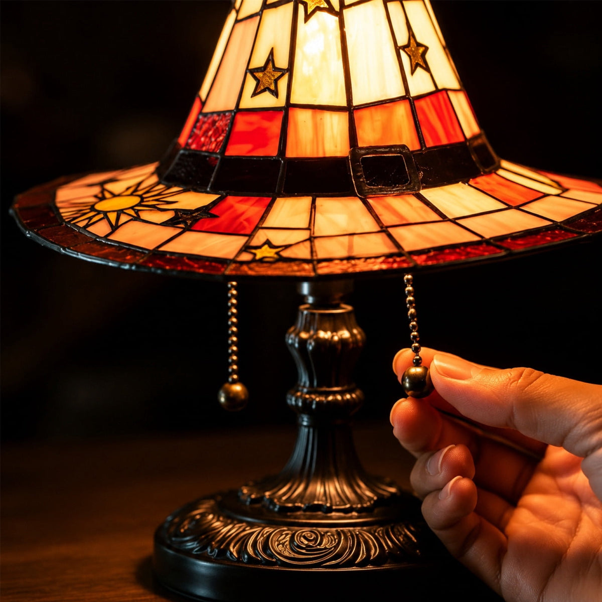 Stained Glass Witch hat lamp, 7" Halloween Gothic Mystic Room Decor Handcrafted Ceramic Phantom Figurine, USB Rechargeable LED Glowing Lantern for Bedroom Living Room Mantel Home Decor