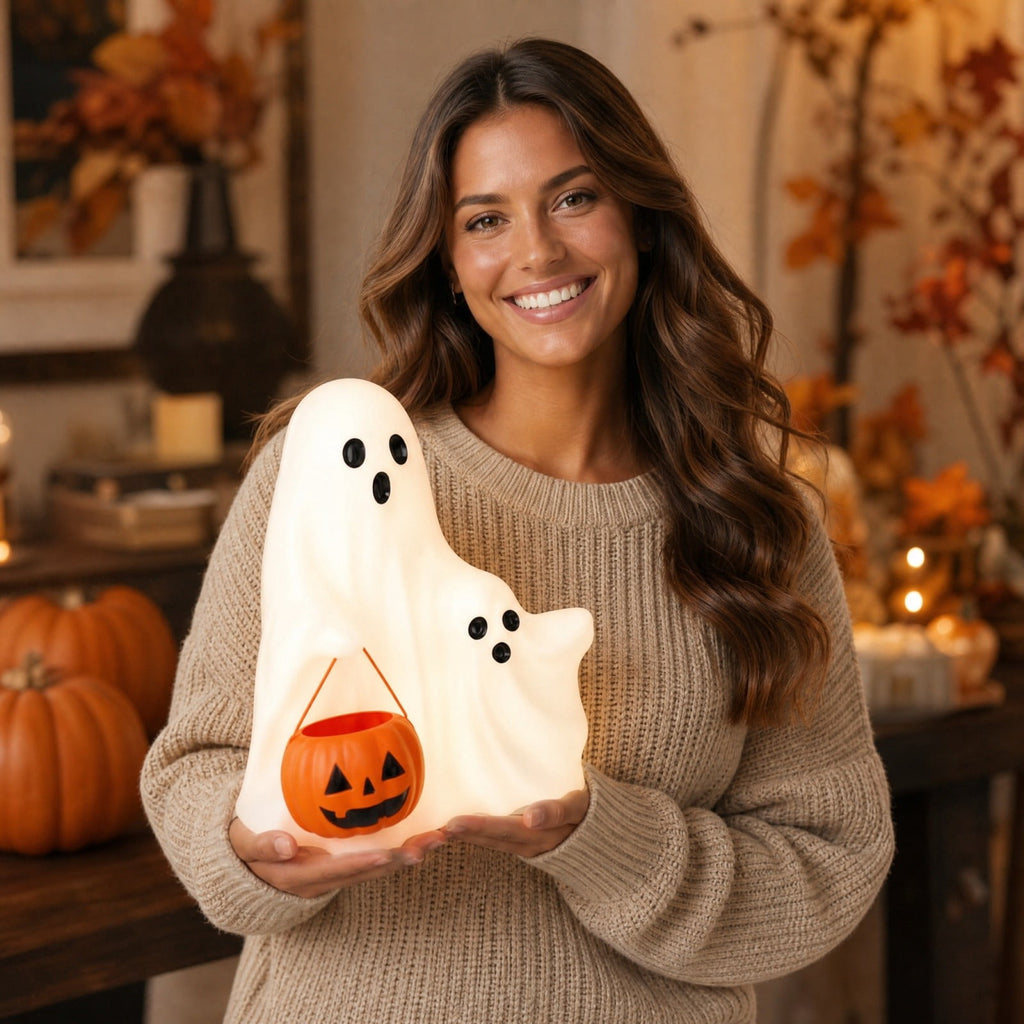 Halloween Decoration Ghost Figurine 11in Resin Ghost Statues with Pumpkin Candy Bowl for Outdoor Indoor Front Door, Porch Yard Lawn Party Decor
