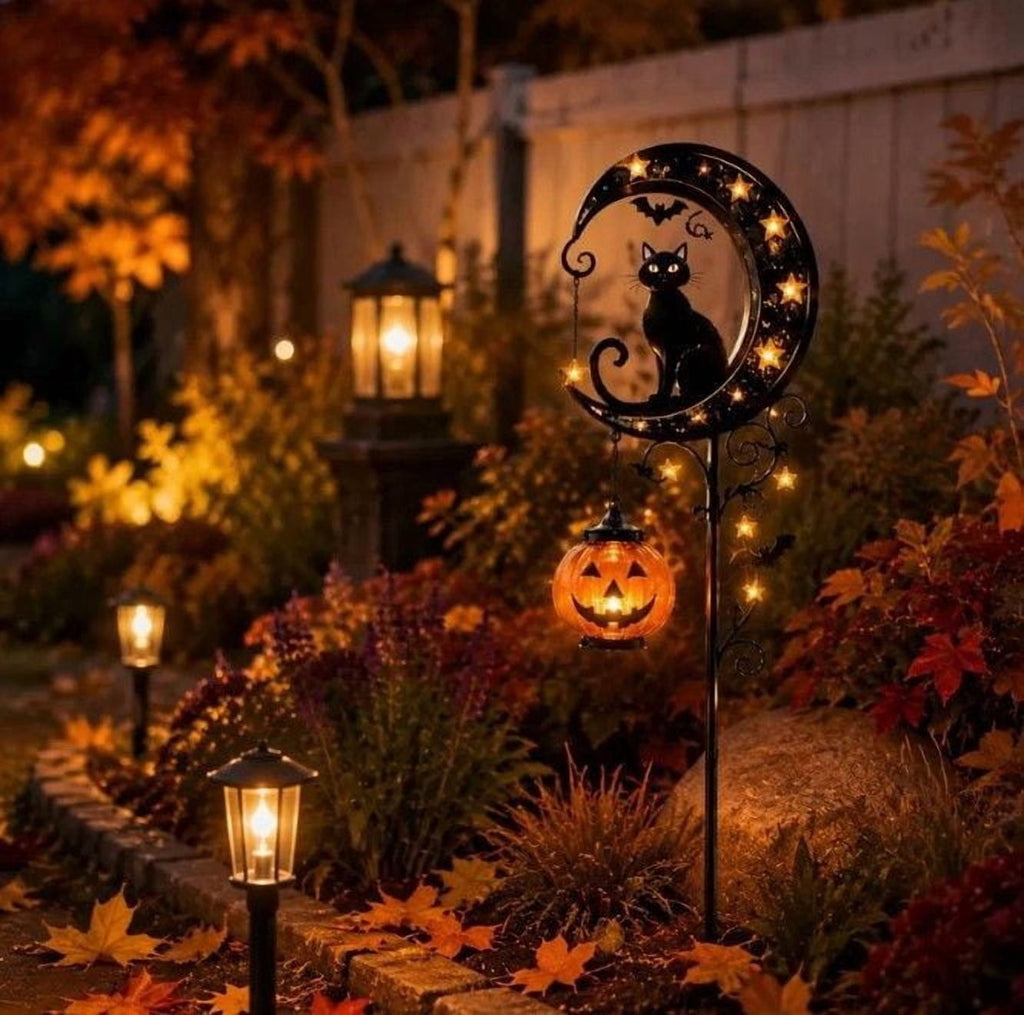 Clearance Halloween Solar Black Cat & Pumpkin Moon Garden Stake Light, Outdoor Waterproof LED Yard Decoration with Crescent Moon, Hanging Jack-o'-Lantern Lantern for Garden, Patio, Walkway, Porch