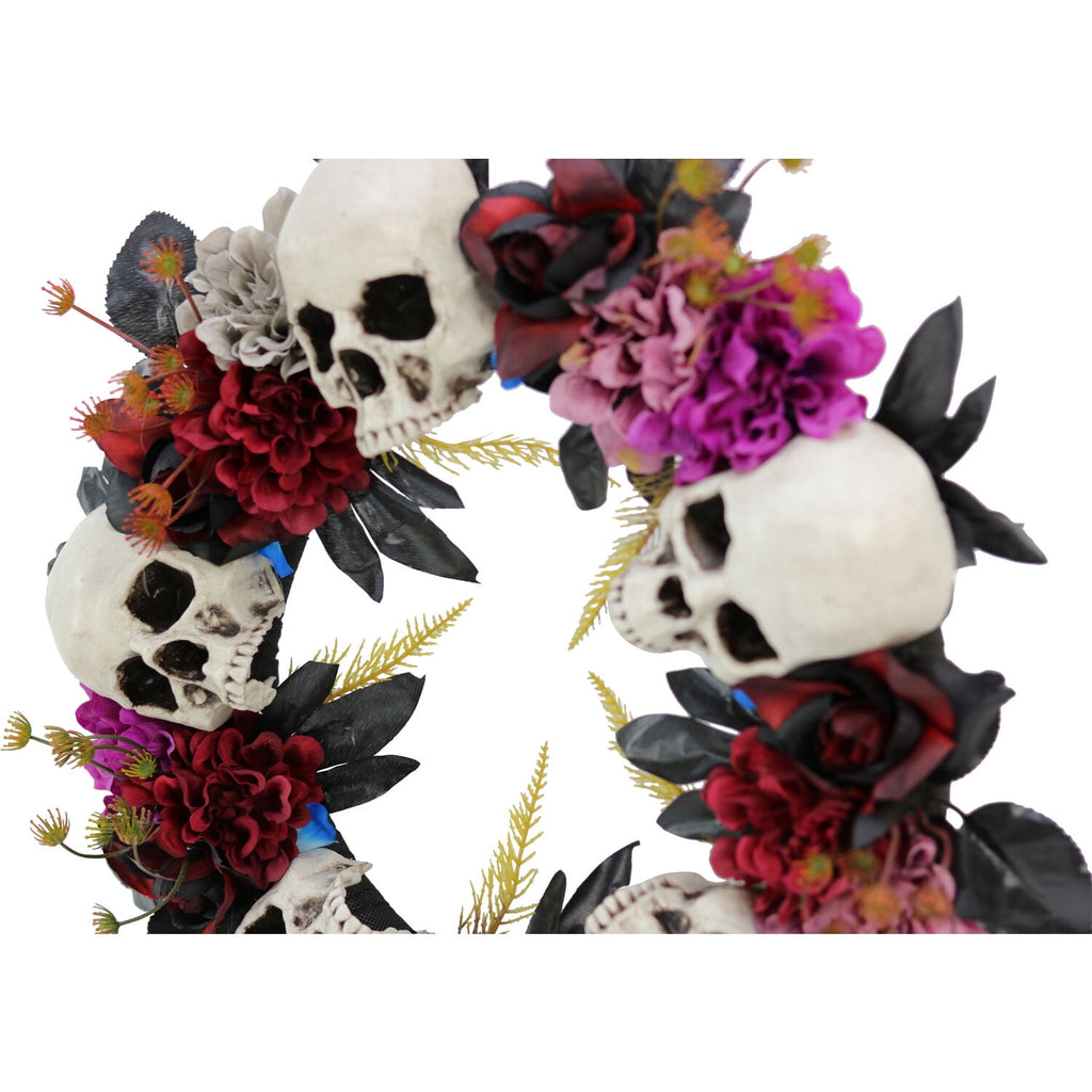 Haunted Hill Farm 24 in Hanging Wreath with Skulls, Fall Flowers, and Vines, Indoor/Covered Outdoor Halloween Props Decoration, HHWTHSKL-2