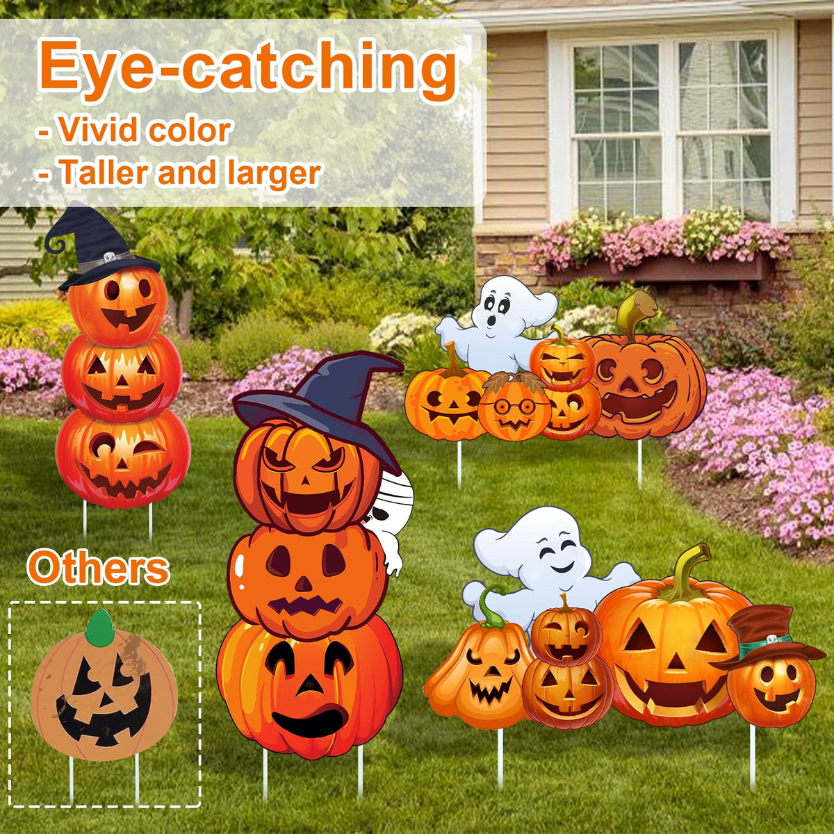GameXcel Halloween Decorations Outdoor Yard Signs with Stakes, 34.8 in Tall Vertical Pumpkin and Ghost Decor, Weather-Resistant, 2 Count