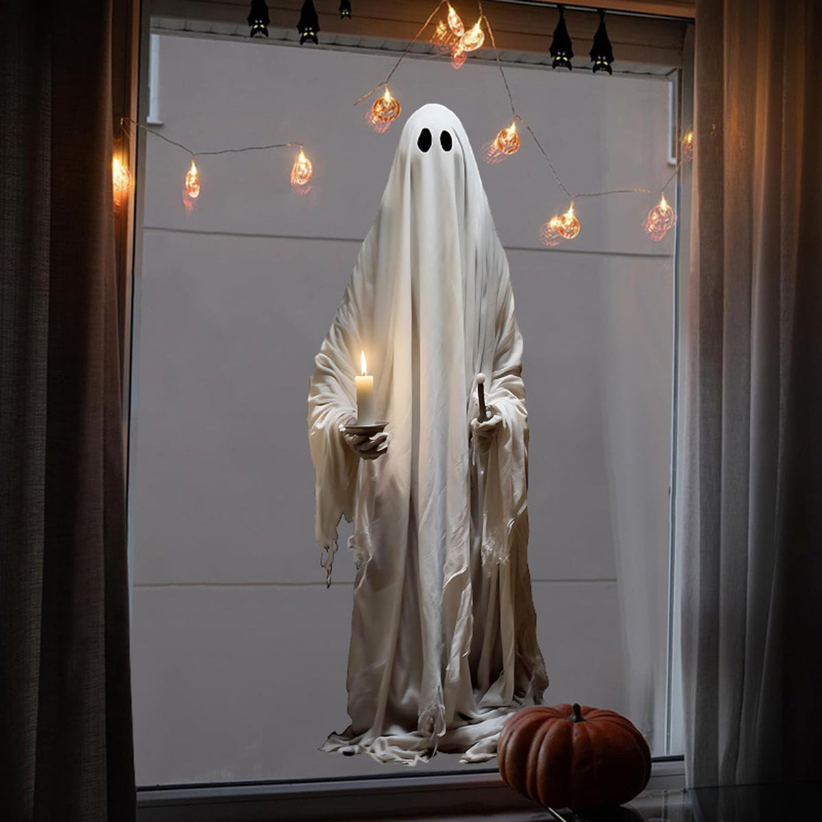 Halloween Wall Stickers, Large Ghost Holding Candle Wall Decals, Wall Clings Decor for Halloween Party Home Office Wall Glass Mirror Decorations, 18.89x44.68"