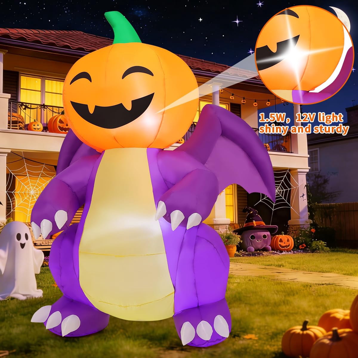 COMIN 5.9FT Tall Halloween Inflatables Pumpkin-Headed Purple Dinosaur with Built-in LEDs for Indoor Party Garden Lawn Decor
