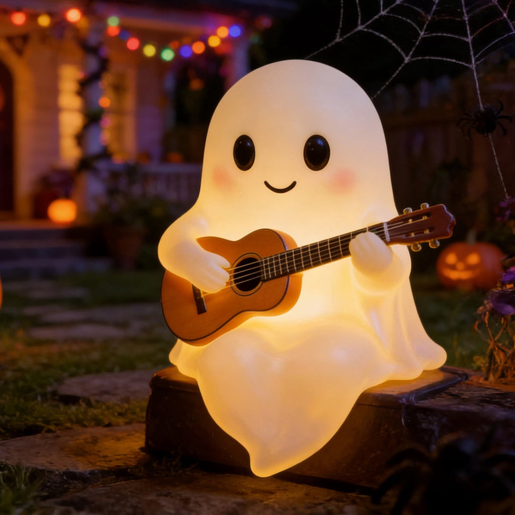 Halloween Ghost Night Light, Cute Ghost Playing The Guitar Lamp, Ghost Warm Lighted Figurine Lamps for Party Bedroom Study Room Home Dorm, Halloween Decor Indoor