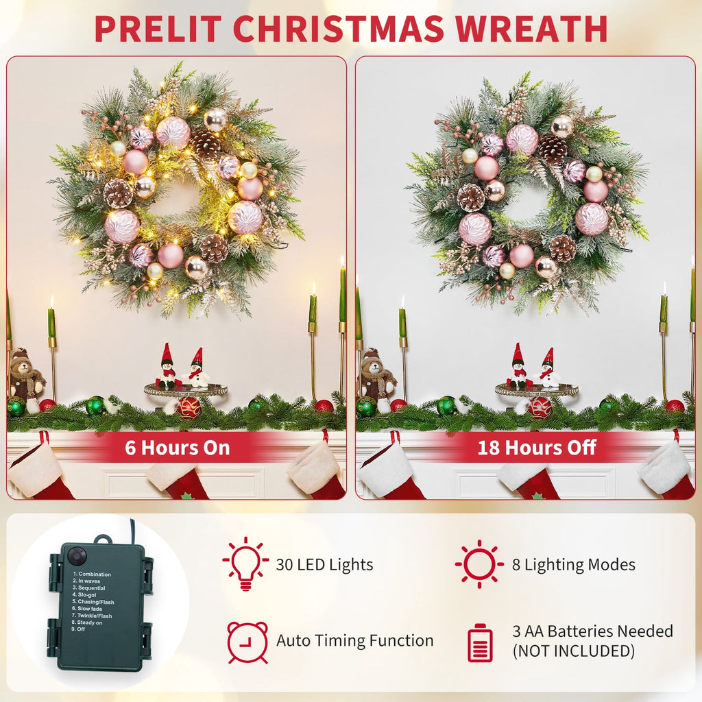 JoanKaren 24 inch Large Christmas Wreath Silver White with 20 LED Lights,Prelit Xmas Wreath w/ Ball Ornaments Pine Cone